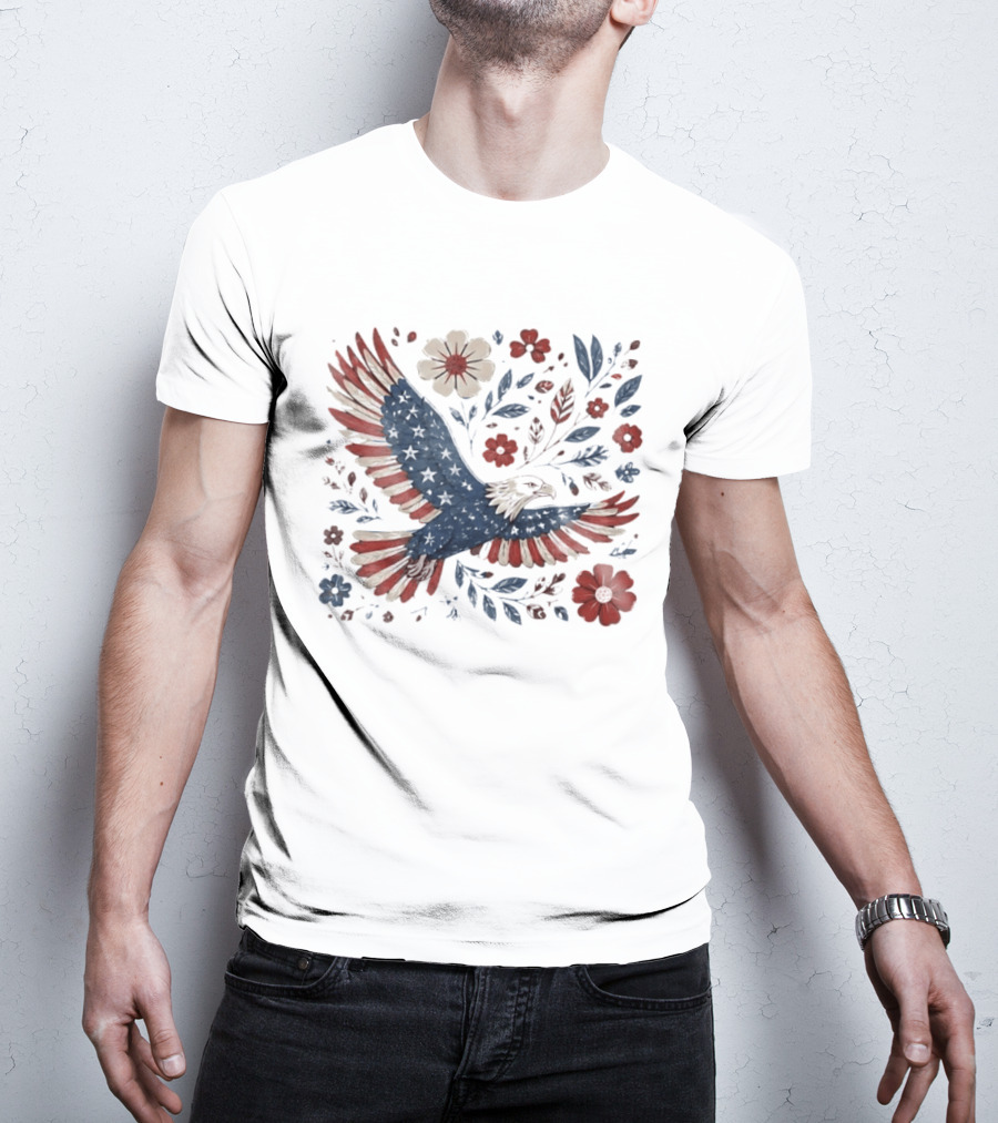 Patriotic Eagle 4th Of July USA 250th Anniversary Freedom Floral T-Shirt