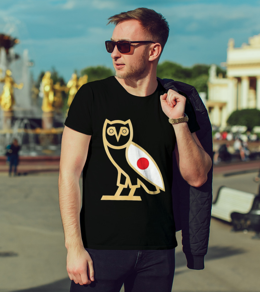 OVO Owl Japan Flag Icon Gold Outline And Red Circle Motif T-Shirt