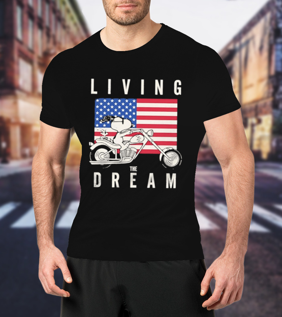 Living The Dream Snoopy Woodstock Motorcycle American Flag Peanuts T-Shirt