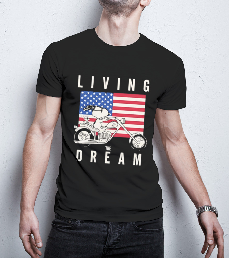 Living The Dream Snoopy Woodstock Motorcycle American Flag Peanuts T-Shirt
