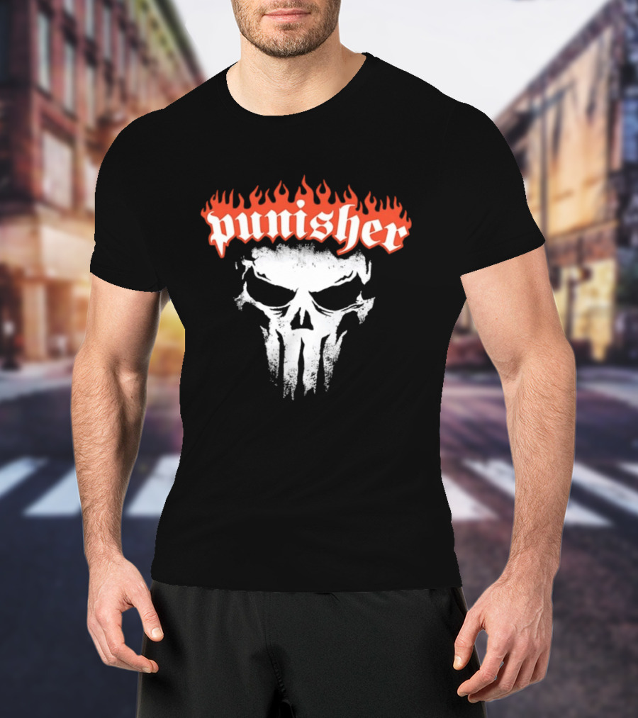 Punisher Skull Flame Graphic With Fiery T-Shirt