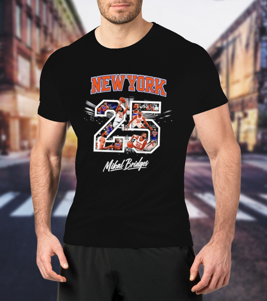 New York Knicks 25 Mikal Bridges Basketball Action Montage T-Shirt