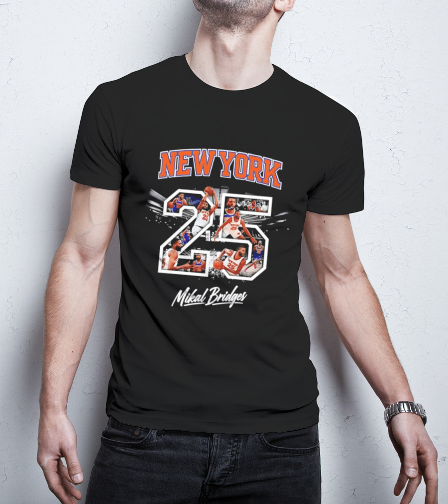 New York Knicks 25 Mikal Bridges Basketball Action Montage T-Shirt
