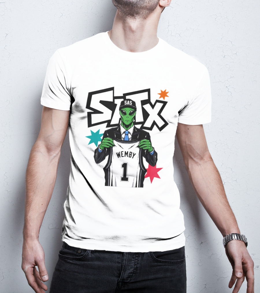 STX SAS Alien Wemby Holding Spurs Jersey Victor Wembanyama T-Shirt