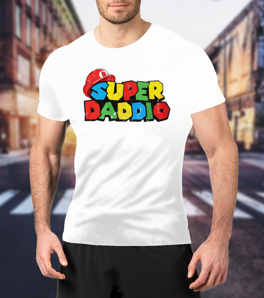 Super Daddio Mario Cartoon Colorful Text With Red Hat T-Shirt