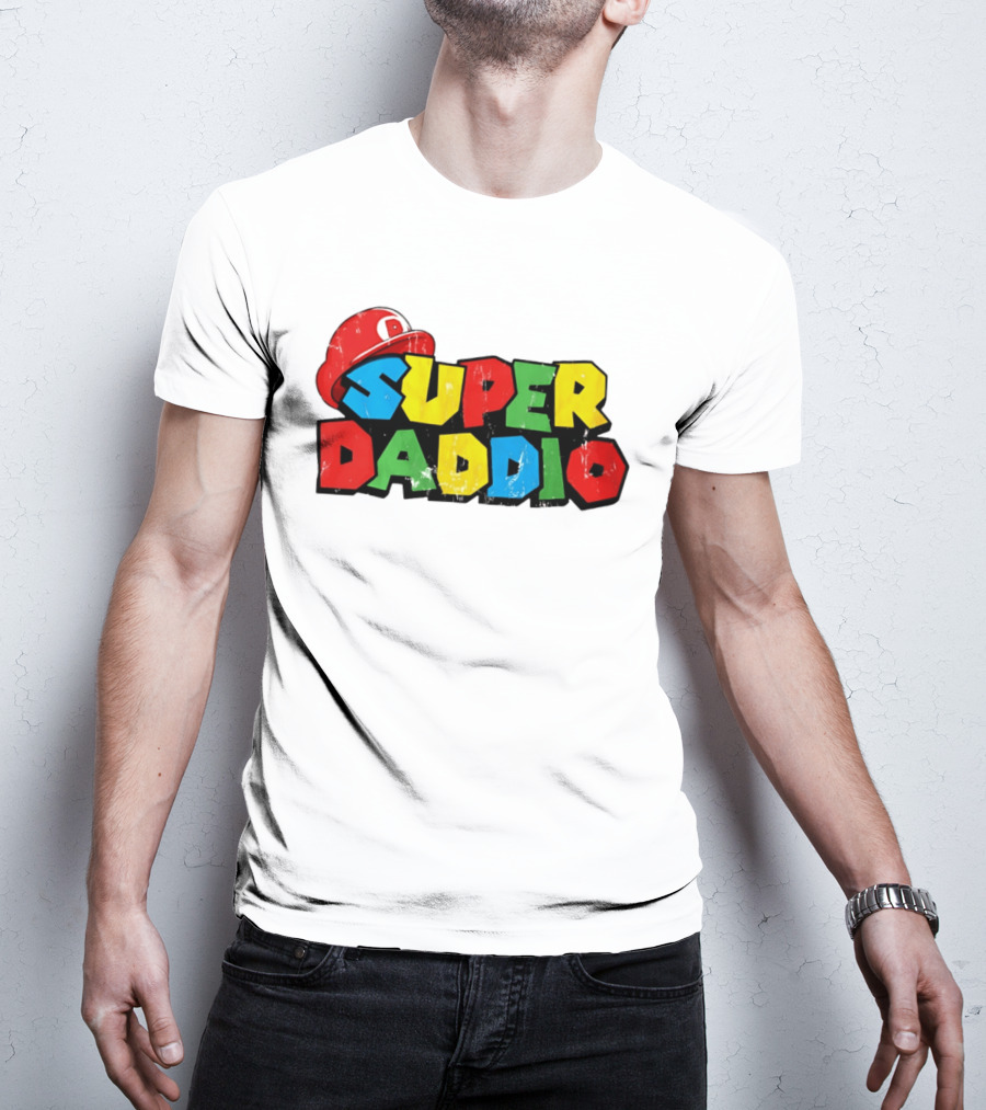 Super Daddio Mario Cartoon Colorful Text With Red Hat T-Shirt