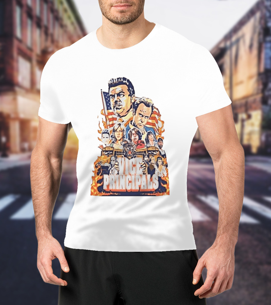 Vice Principals TV Show Cast Collage With School Bus And American Flag T-Shirt