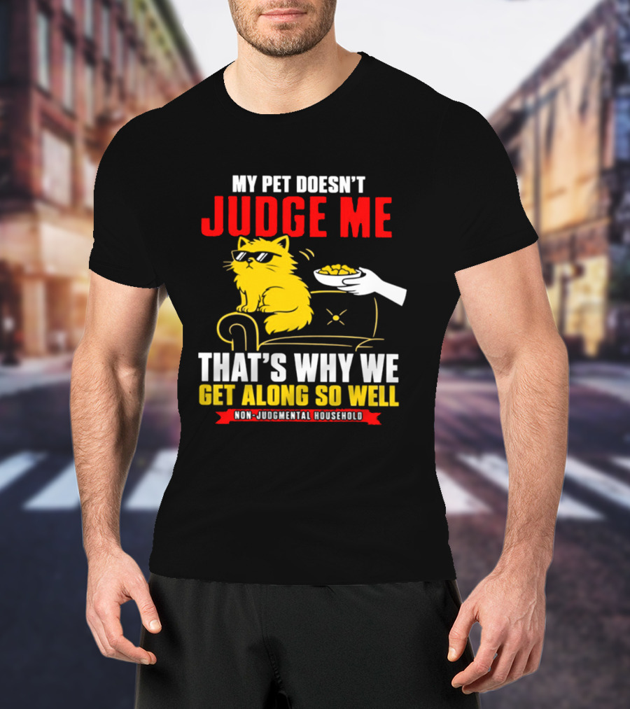 Non Judgmental Household Orange Cat My Pet Doesn't Judge Me That's Why We Get Along So Well T-Shirt
