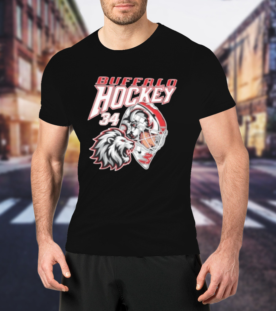 Buffalo Hockey 34 Alex Lyon Lion Graphic With Hockey Helmet T-Shirt