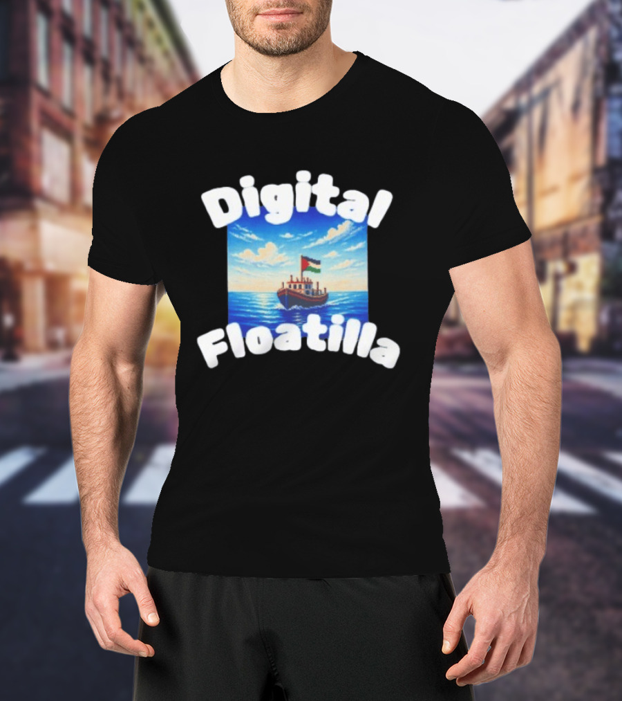 Digital Floatilla Boat With Flag On Ocean Waves T-Shirt