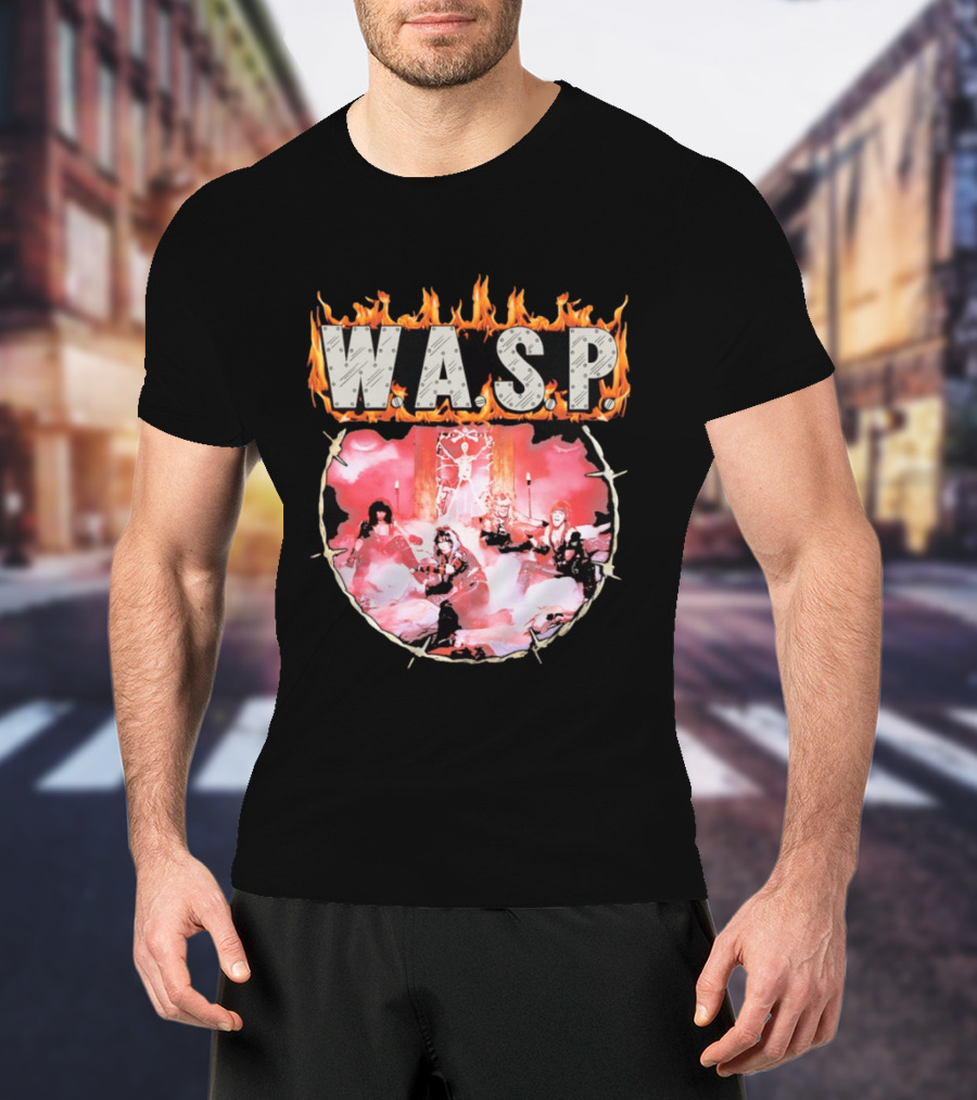 W.A.S.P. Band Fire With Group Photo And Flaming T-Shirt