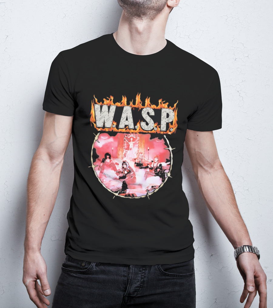 W.A.S.P. Band Fire With Group Photo And Flaming T-Shirt
