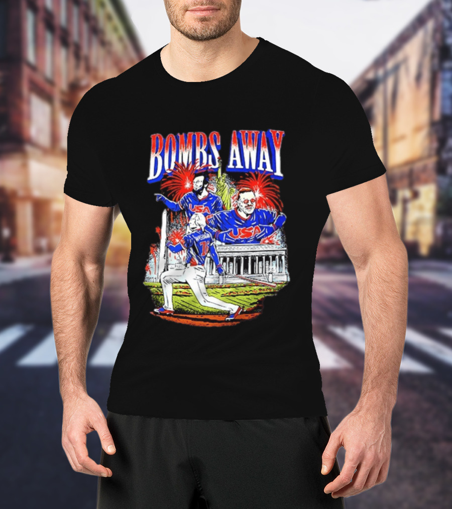 Bombs Away USA Firework Celebration And Baseball Scene T-Shirt