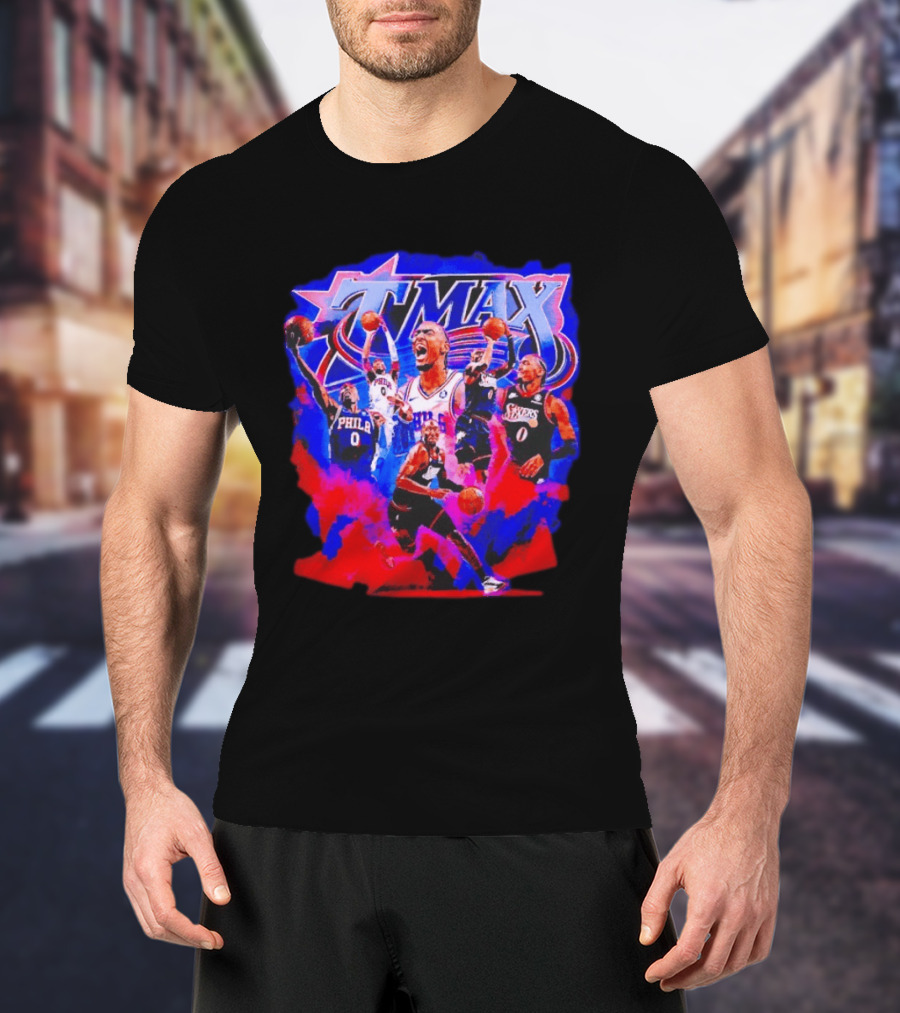 Tyrese Maxey MAX Philadelphia 76ers Basketball Action Montage T-Shirt