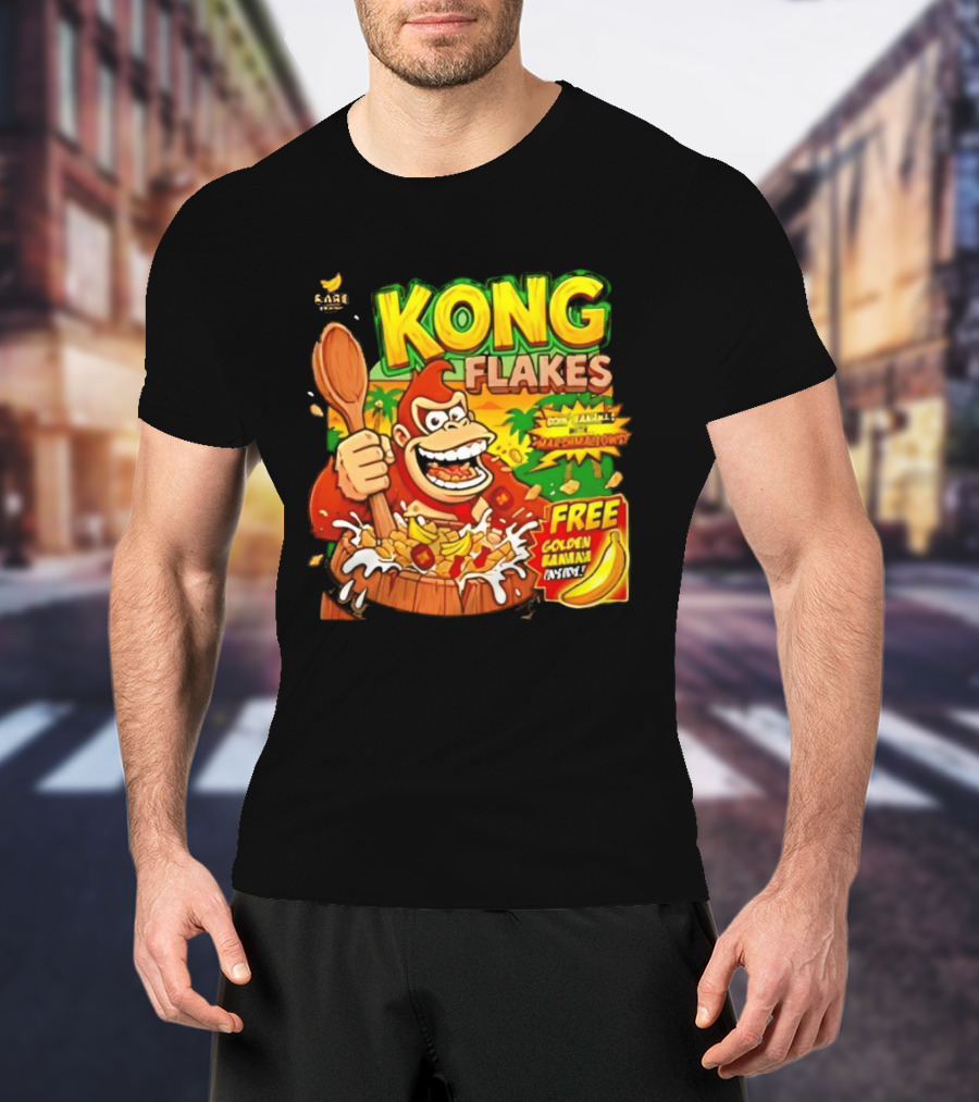 Kong Flakes Donkey Kong Cereal Goin' Bananas With Marshmallow Crunch Free Golden Banana Inside T-Shirt