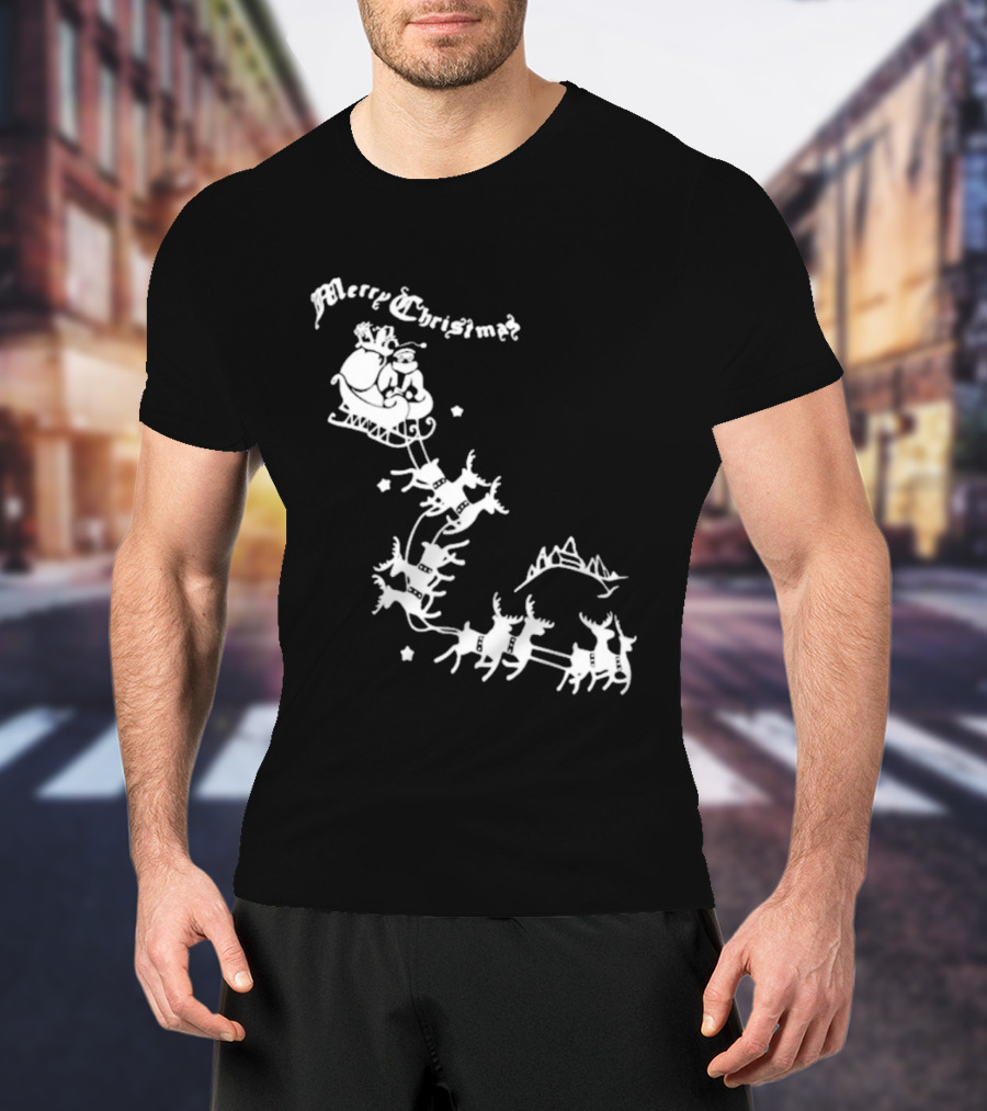 Merry Christmas Santa Sleigh Reindeer In Night Sky With Mountains Isla Gordon T-Shirt