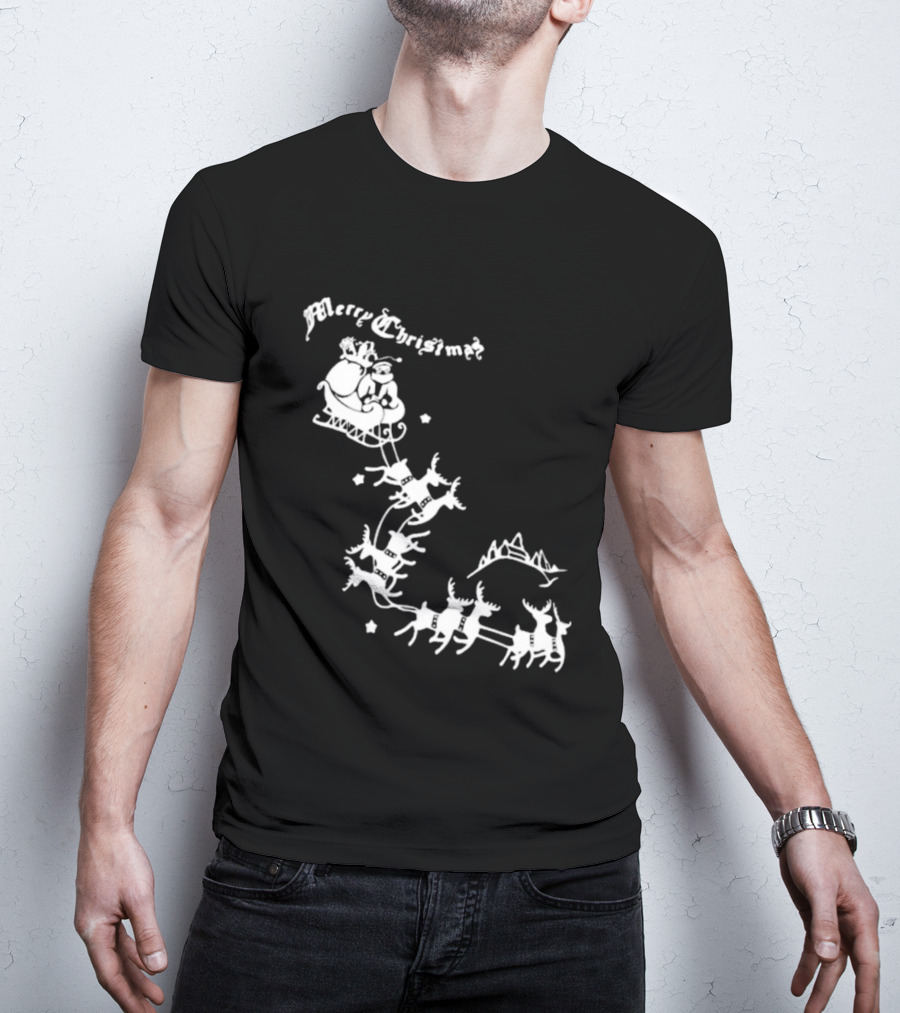 Merry Christmas Santa Sleigh Reindeer In Night Sky With Mountains Isla Gordon T-Shirt