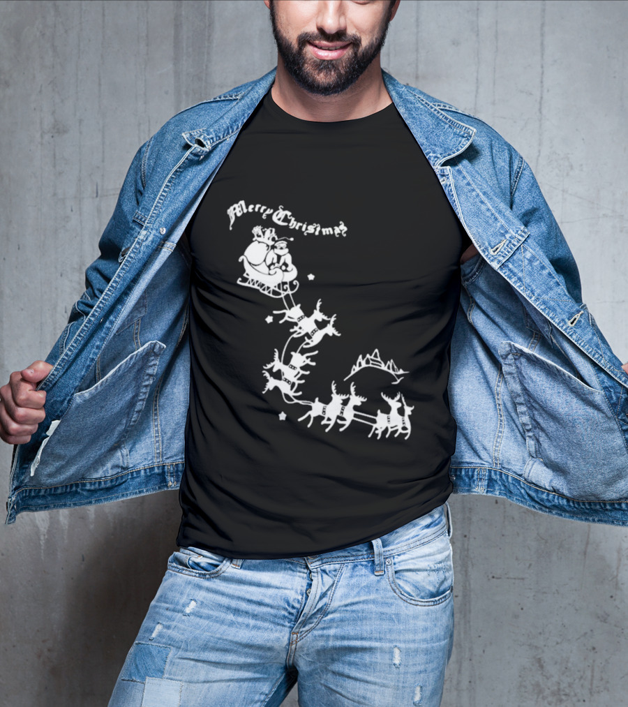 Merry Christmas Santa Sleigh Reindeer In Night Sky With Mountains Isla Gordon T-Shirt