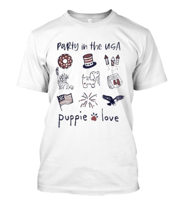 Party In The USA Puppie Love Patriotic Symbols Fireworks Hat Flag T-Shirt