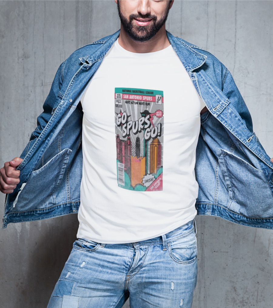 National Basketball League San Antonio Spurs Go Spurs Go Comic Cover Style Swish Back In Black T-Shirt