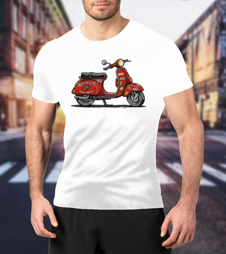 Kaneda's Vespa With Good For Health Sticker Citizen And Canon Shoei Arai Logos T-Shirt
