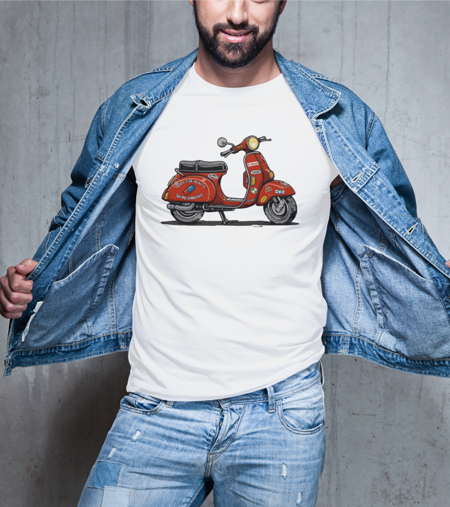 Kaneda's Vespa With Good For Health Sticker Citizen And Canon Shoei Arai Logos T-Shirt