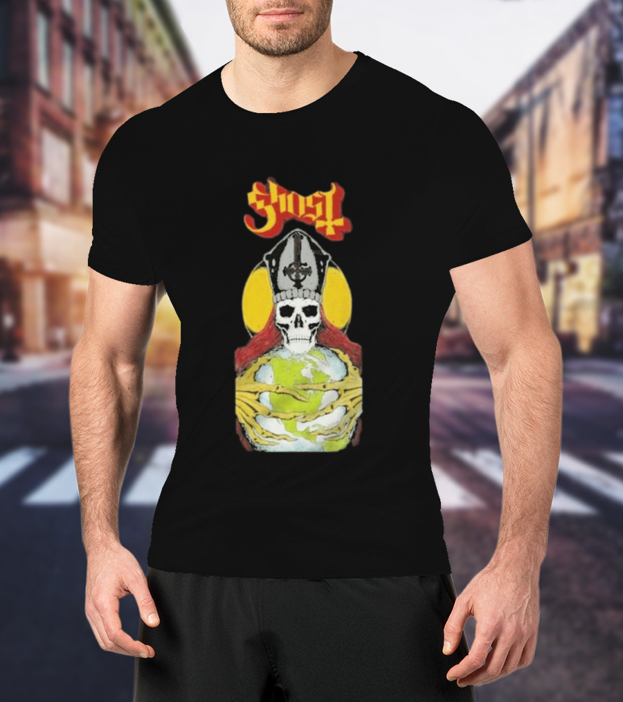 Ghost Skeleton Bishop Holding Earth Iconic Twisted Thread Ceremony T-Shirt