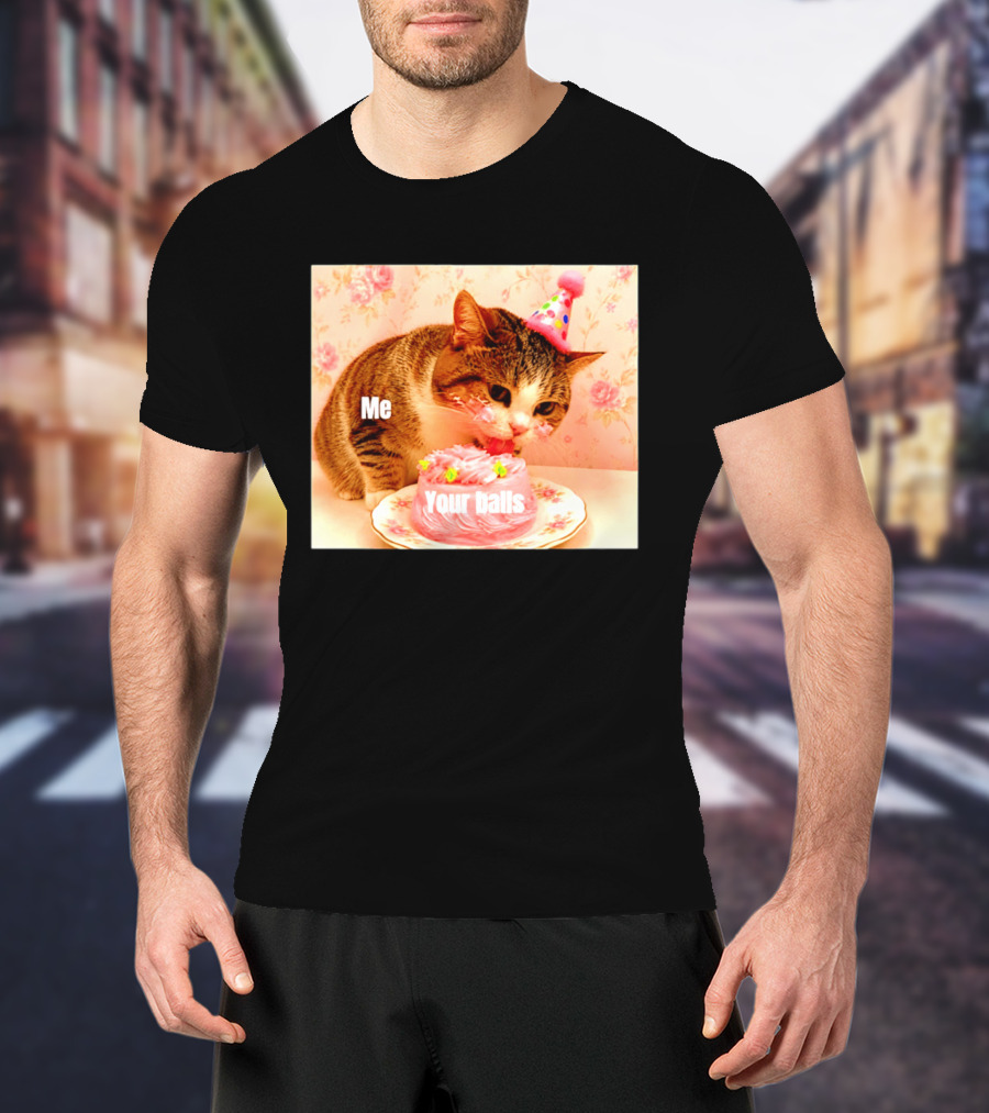 Me Your Balls Cat Eating Cake Party Hat T-Shirt