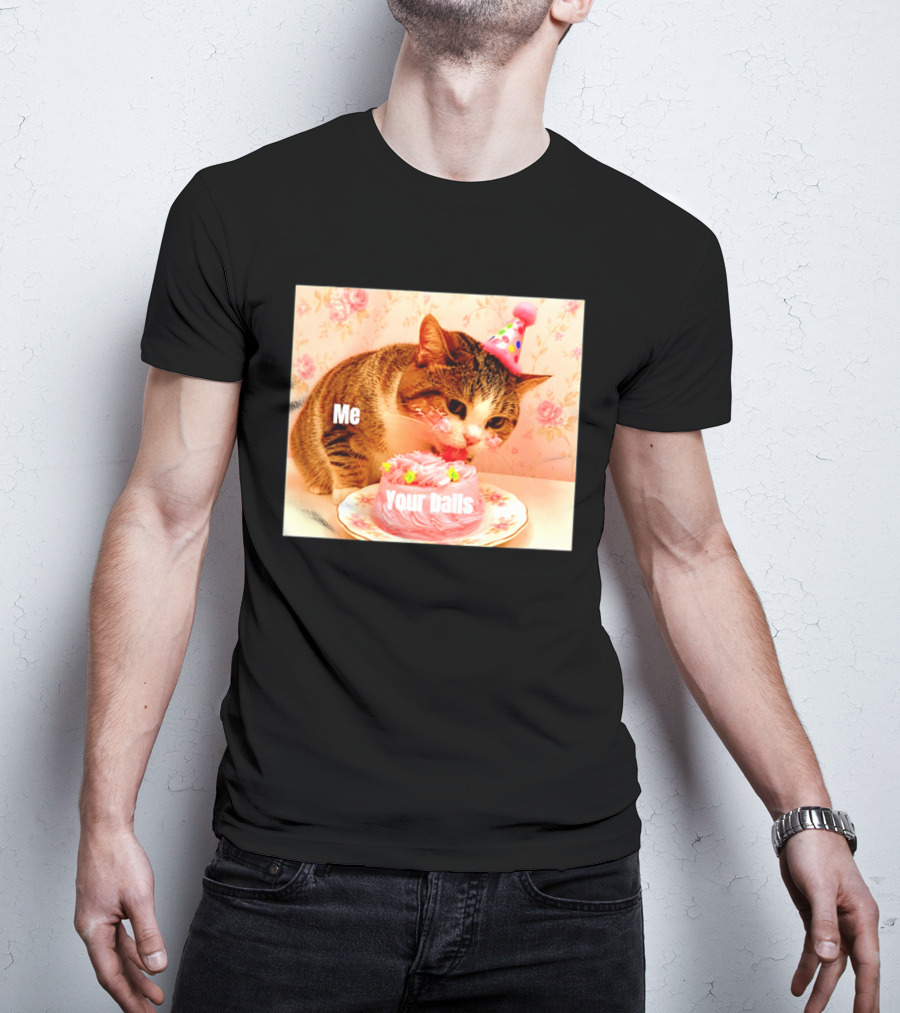 Me Your Balls Cat Eating Cake Party Hat T-Shirt