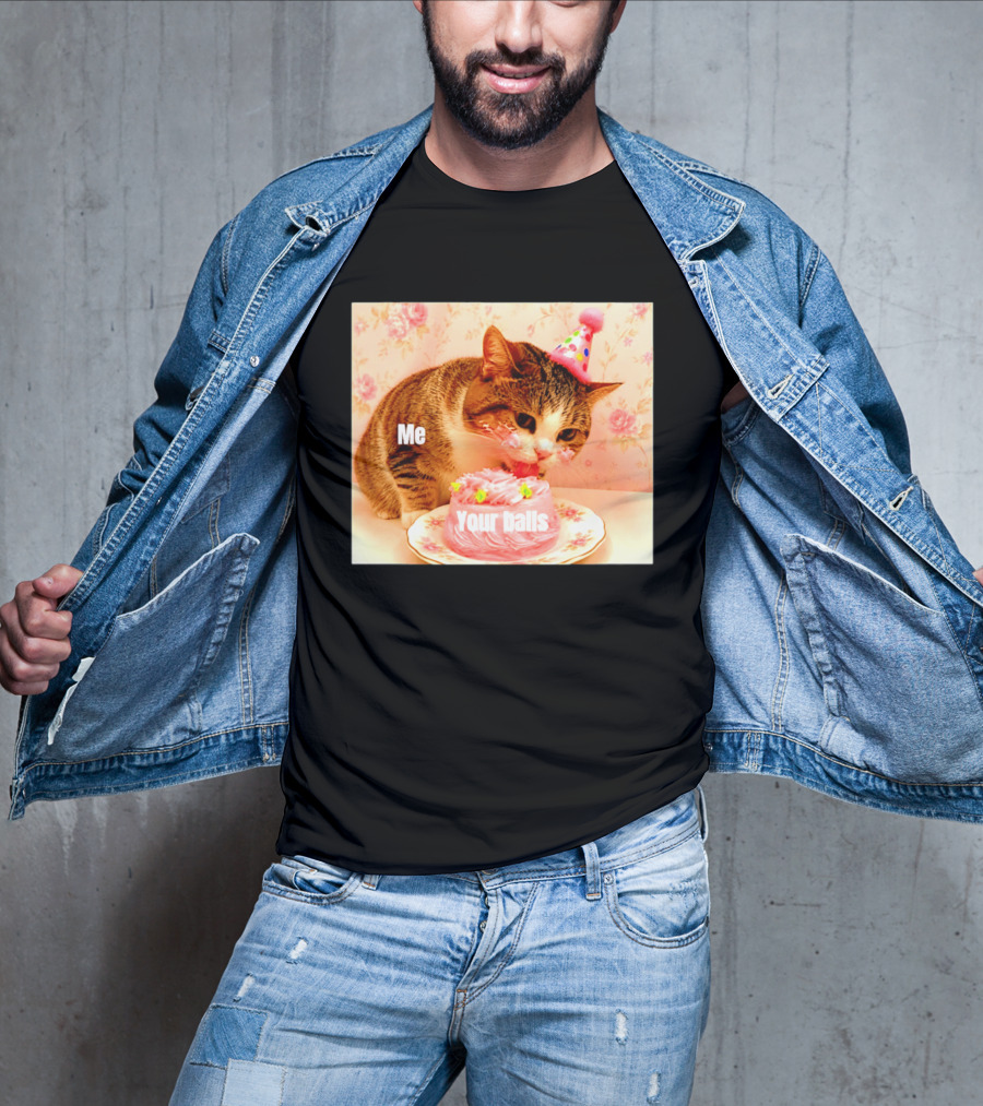 Me Your Balls Cat Eating Cake Party Hat T-Shirt