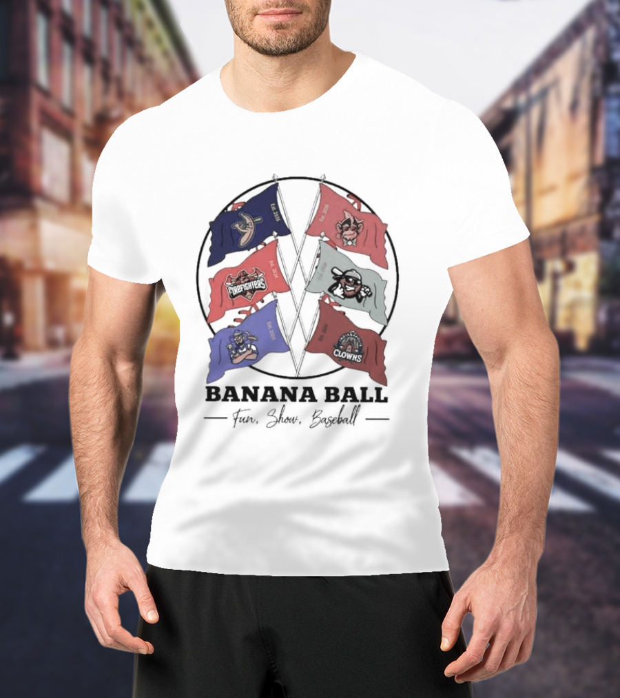 Banana Ball Fun Show Baseball Red And Blue Flags 2026 T-Shirt