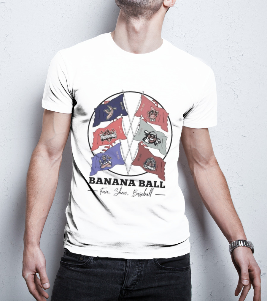 Banana Ball Fun Show Baseball Red And Blue Flags 2026 T-Shirt