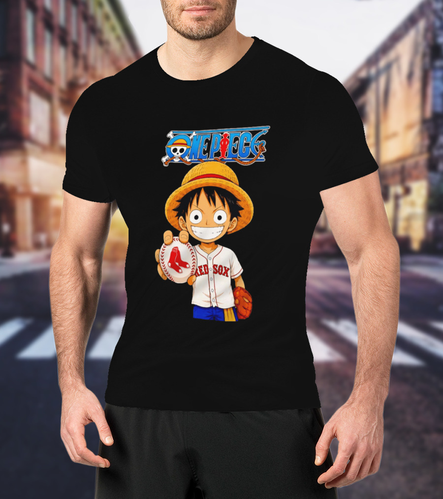 Monkey D. Luffy Red Sox One Piece Crossover Boston Baseball Collaboration T-Shirt
