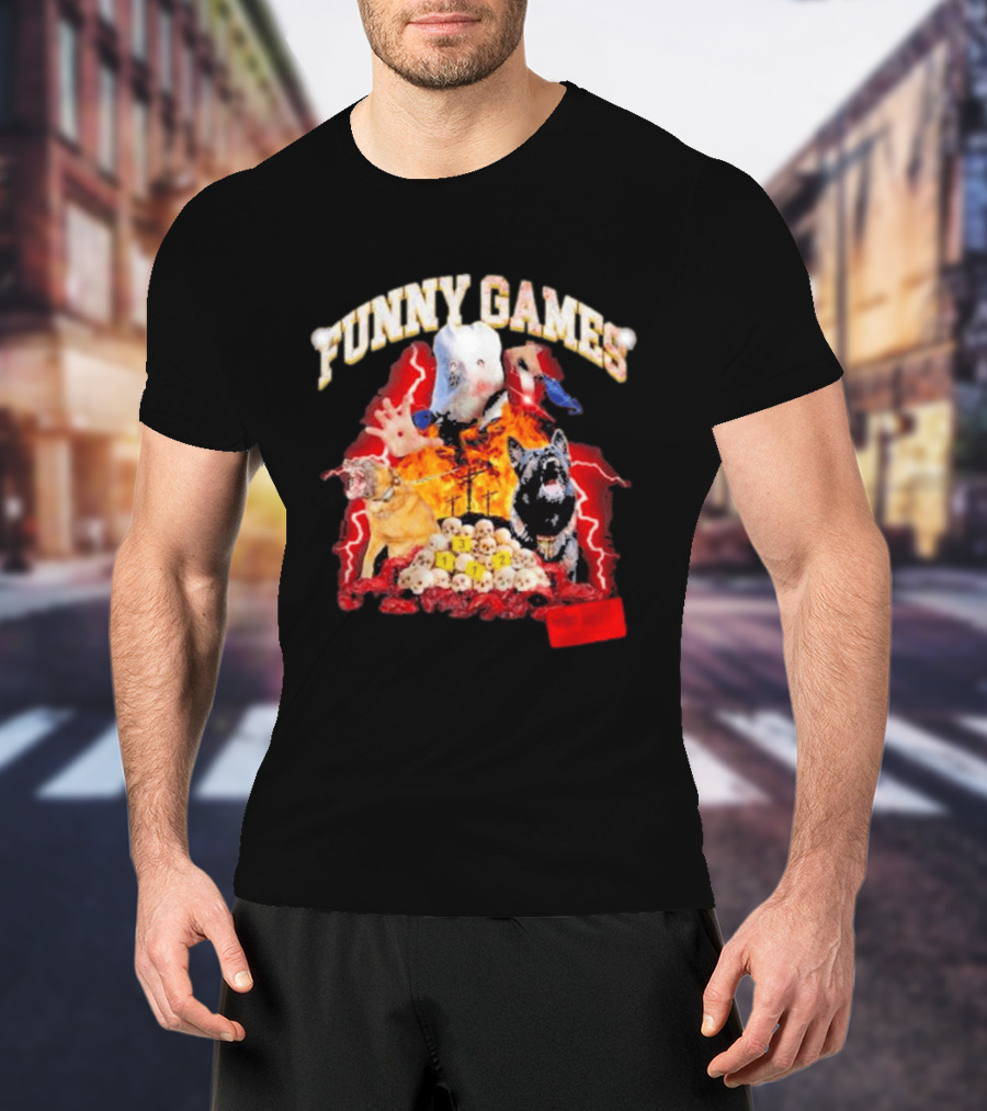 Funny Games Dog Skull Pile Fire Chaos T-Shirt