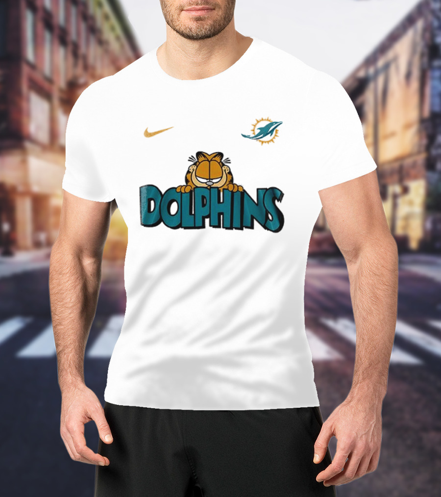 Nike Miami Dolphins Garfield Orange Cat çizim T-Shirt