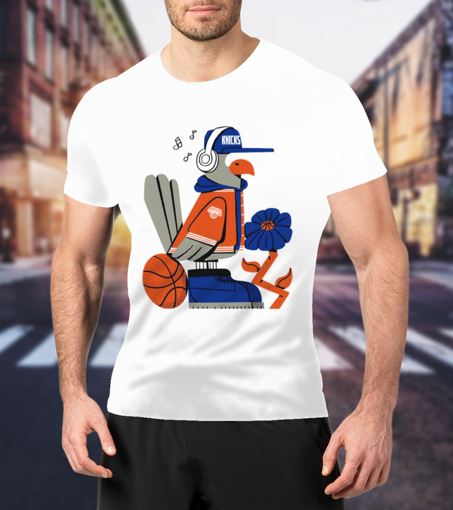 New York Knicks Bird Cap Headphones Basketball Flower T-Shirt