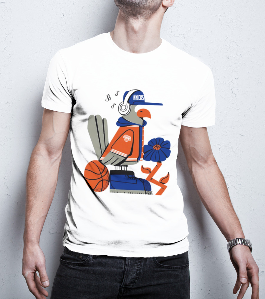 New York Knicks Bird Cap Headphones Basketball Flower T-Shirt