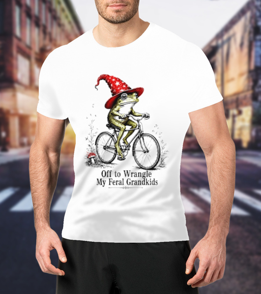 Off To Wrangle My Feral Grandkids Wizard Frog On Bicycle With Red Hat T-Shirt