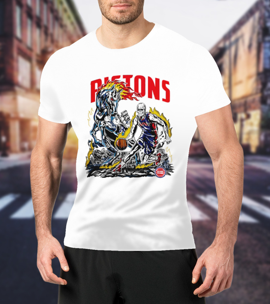 Detroit Pistons Skull Basketball Horse Flames Robot T-Shirt