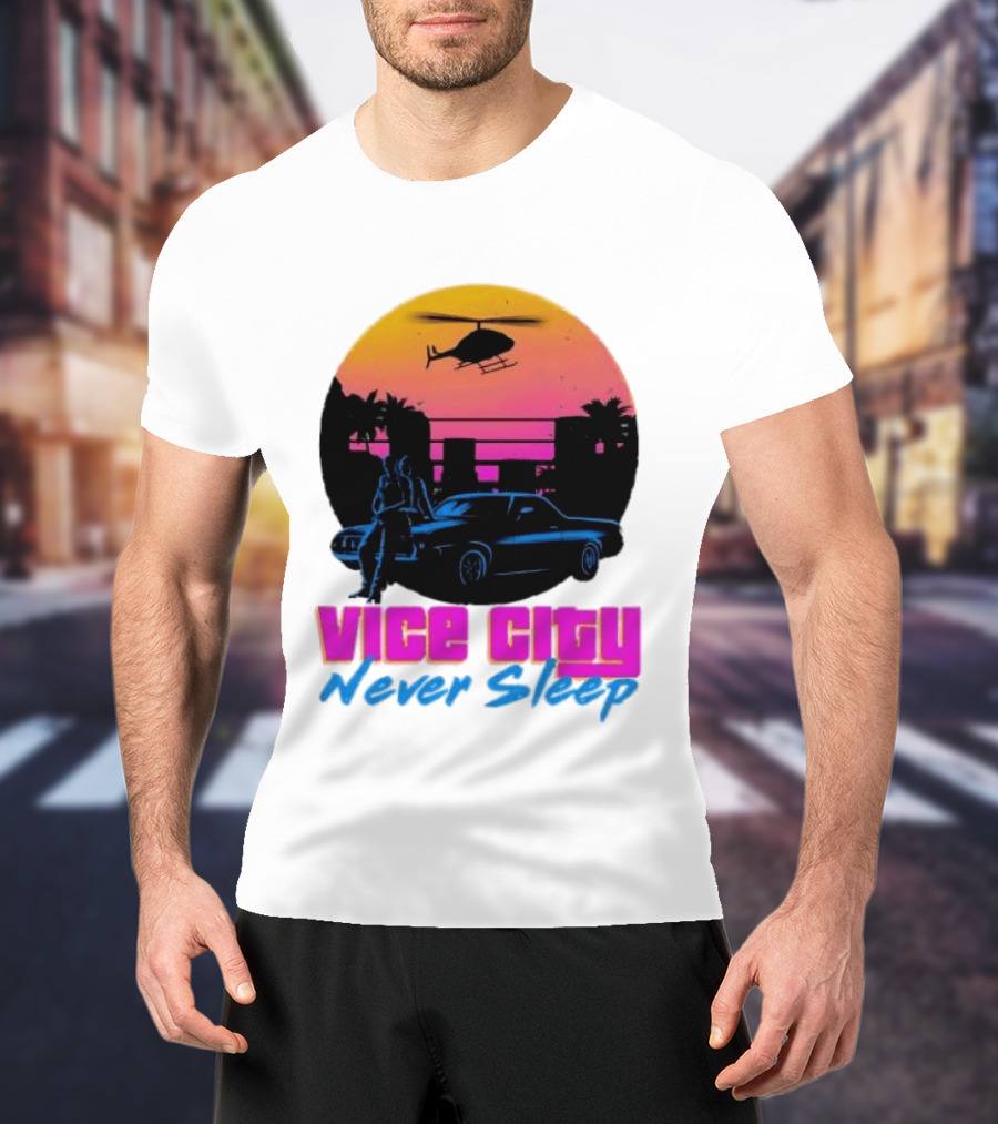 Vice City Never Sleep 80s Sunset Car Helicopter T-Shirt