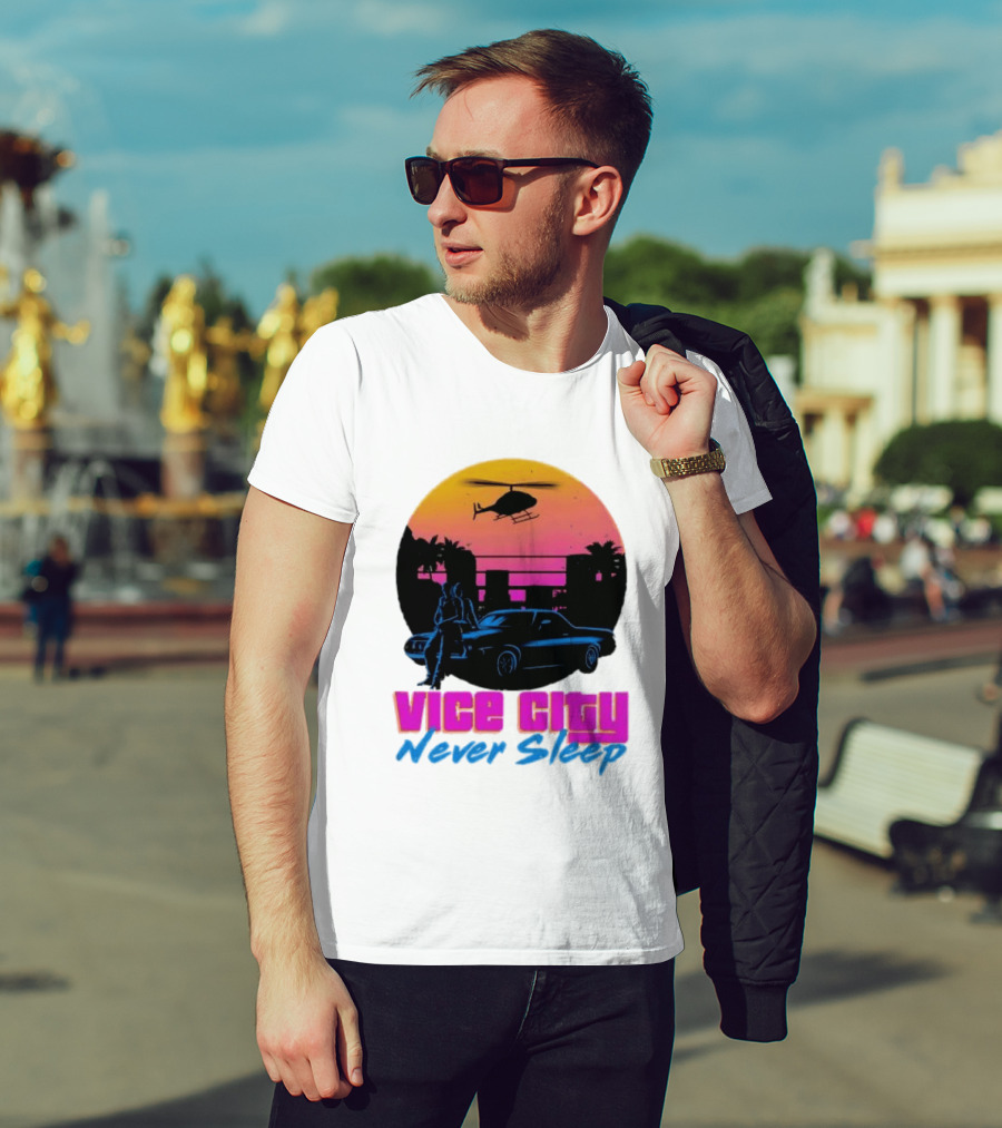Vice City Never Sleep 80s Sunset Car Helicopter T-Shirt
