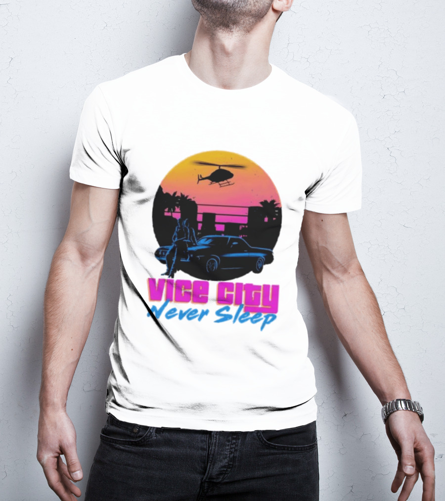 Vice City Never Sleep 80s Sunset Car Helicopter T-Shirt