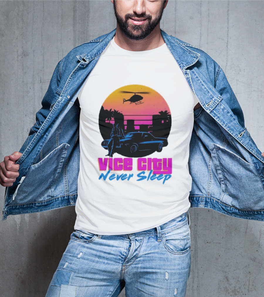 Vice City Never Sleep 80s Sunset Car Helicopter T-Shirt