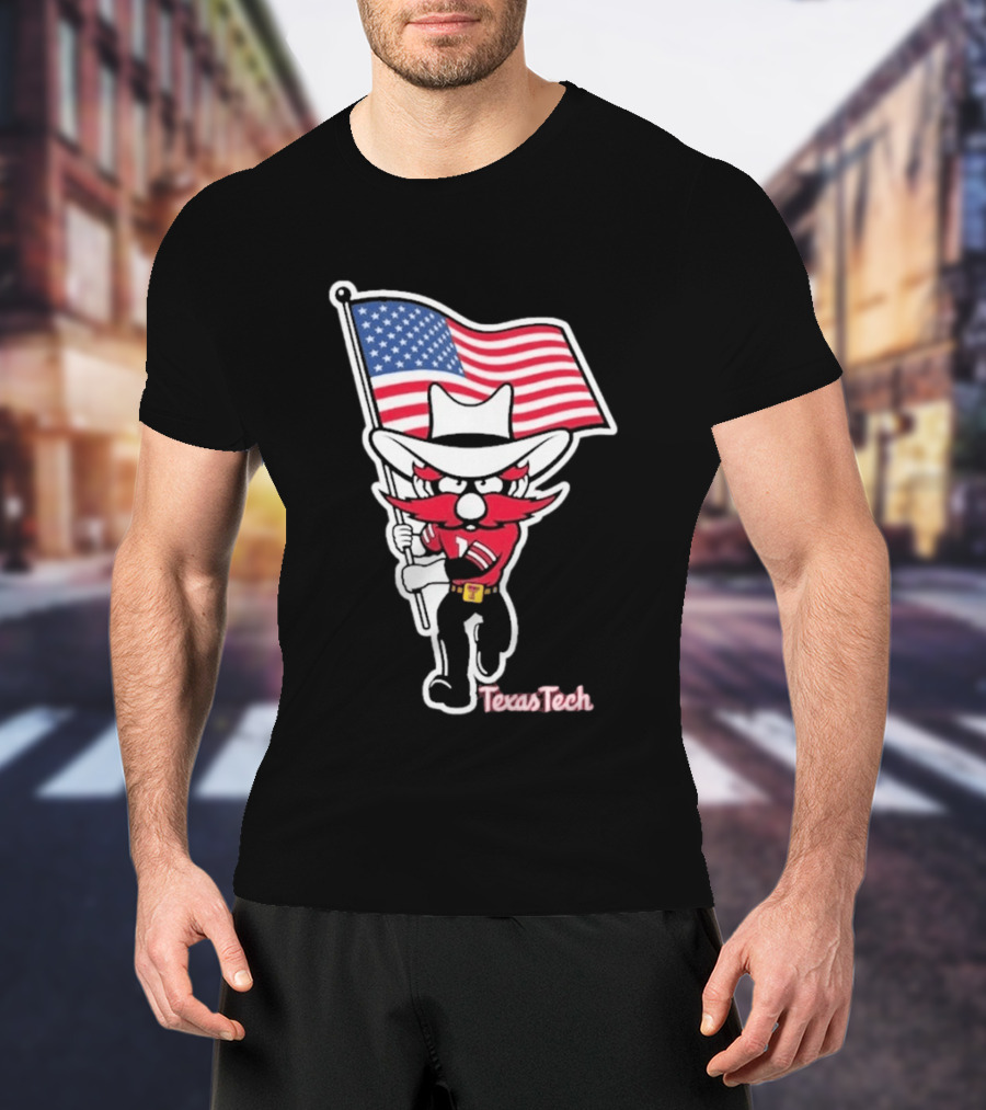 Texas Tech Red Raider Holding American Flag Sticker T-Shirt