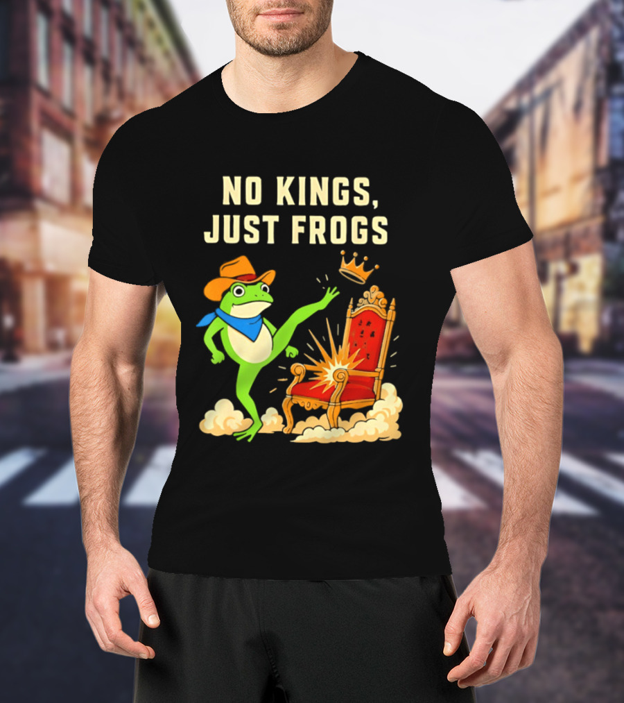 No Kings Just Frogs Portland Cowboy Frog Kicking Crown From Throne T-Shirt