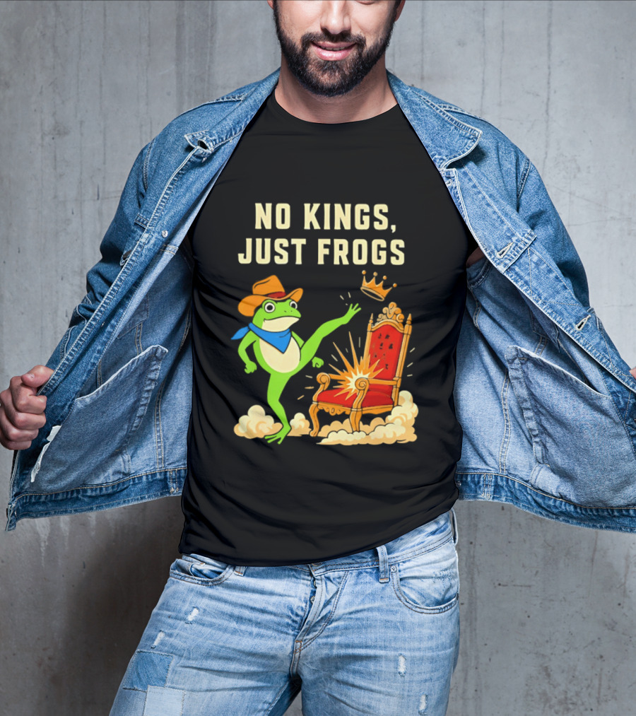 No Kings Just Frogs Portland Cowboy Frog Kicking Crown From Throne T-Shirt