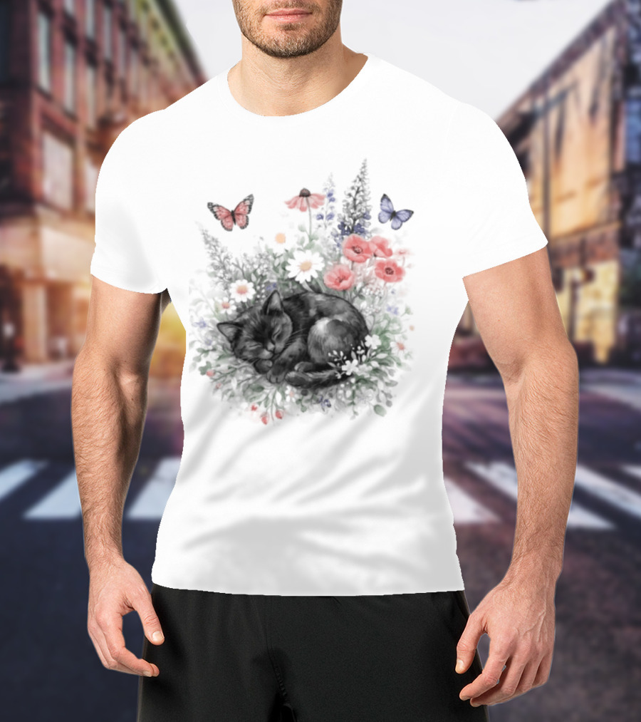 Black Cat Surrounded By Vibrant Flowers And Butterflies T-Shirt