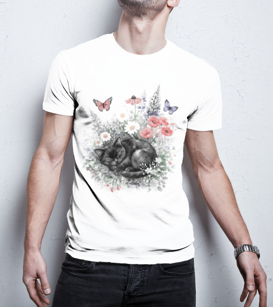 Black Cat Surrounded By Vibrant Flowers And Butterflies T-Shirt