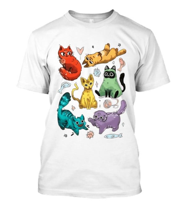 Whimsical Colorful Cats And Rainbow Hearts Collage T-Shirt