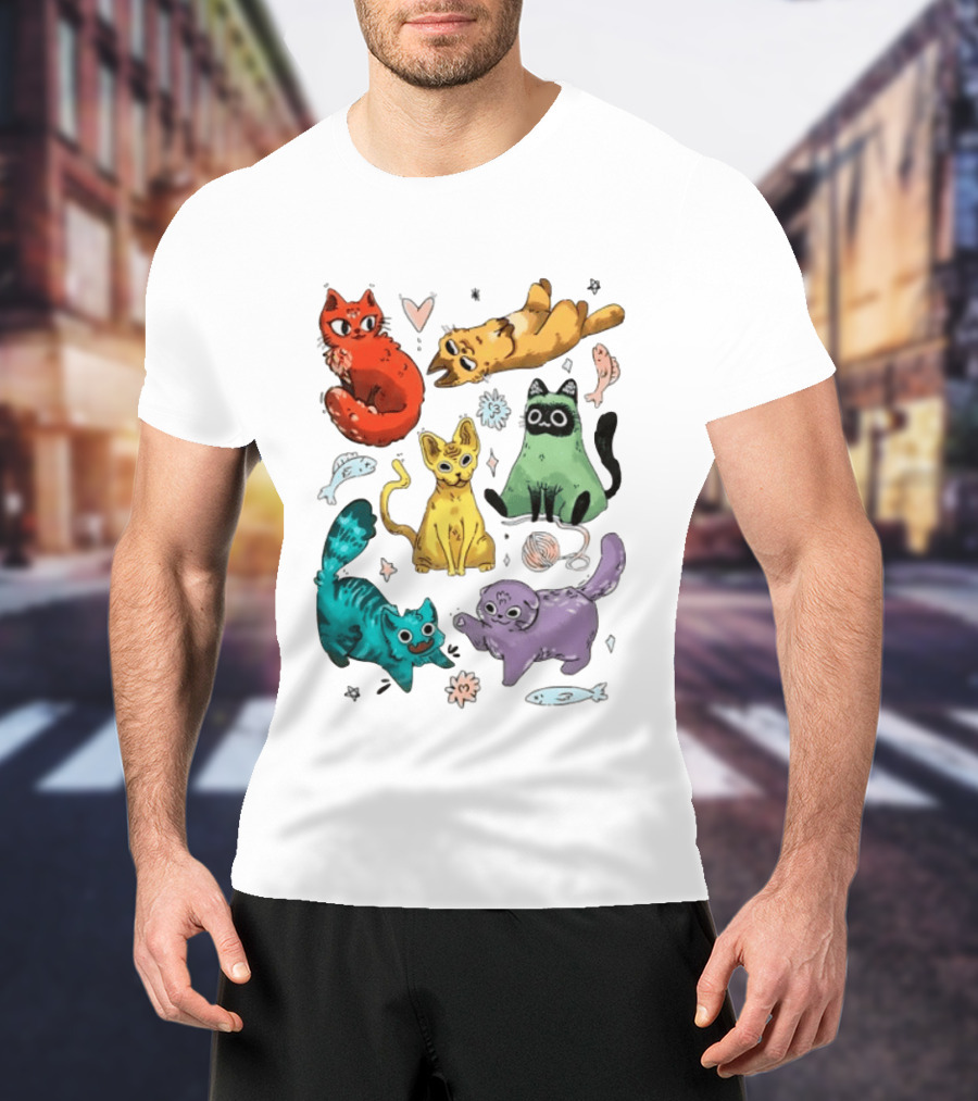Whimsical Colorful Cats And Rainbow Hearts Collage T-Shirt